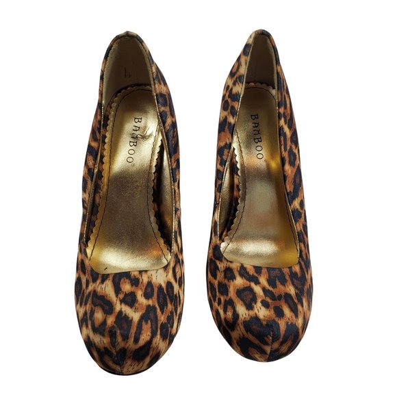 Bamboo platform heel animal print shoe size 7 black orange leopard fab… - Picture 3 of 6